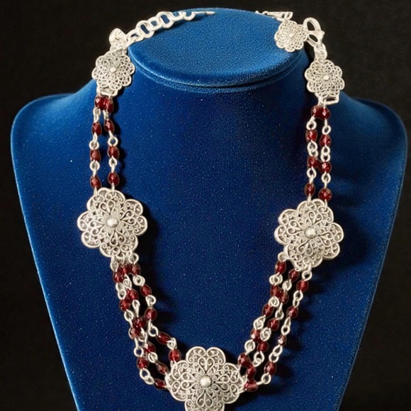 Brighton Silver and Red Floral Medallion Necklace, NWOT. Dust bag included - Picture 9 of 10
